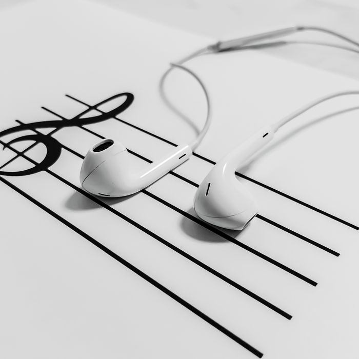 services-01 High-angle view of white earphones placed on a music sheet with notes, emphasizing modern audio technology.
