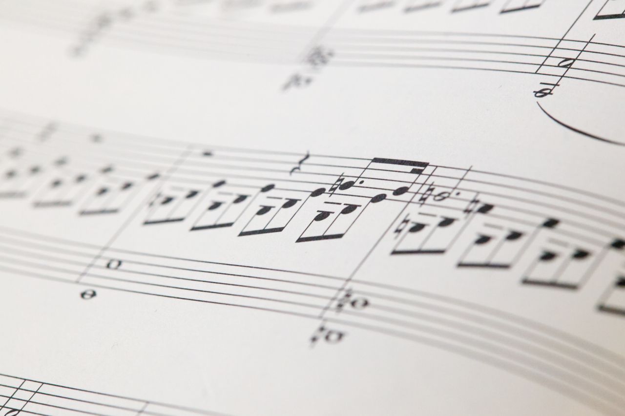 services-02 Detailed view of printed musical notes on a white sheet of paper.